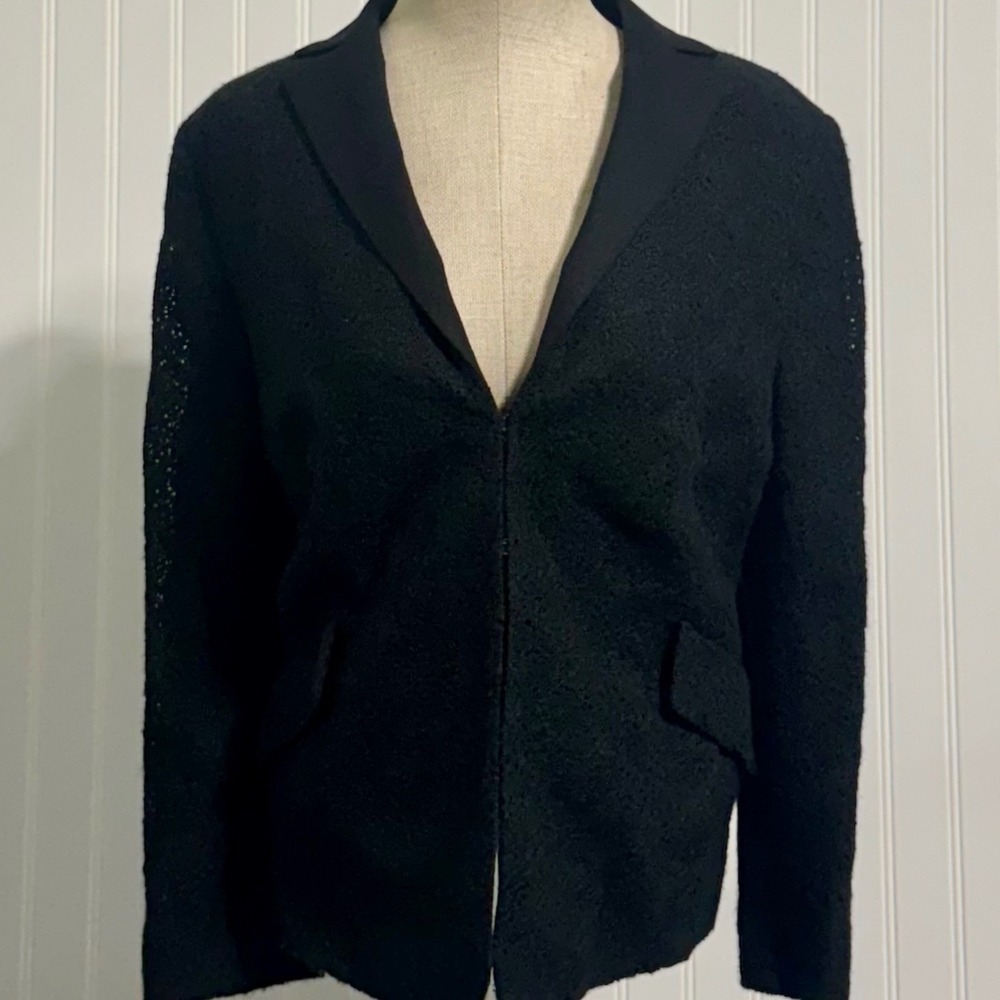 Akris punto Blazer Women 14 Black 100% Wool Lace Sleeve Peplum Italy Fabric Luxe